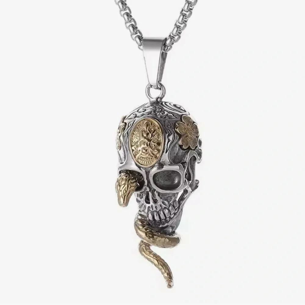 Silver and Gold Skull Pendant with Snake‎ Design